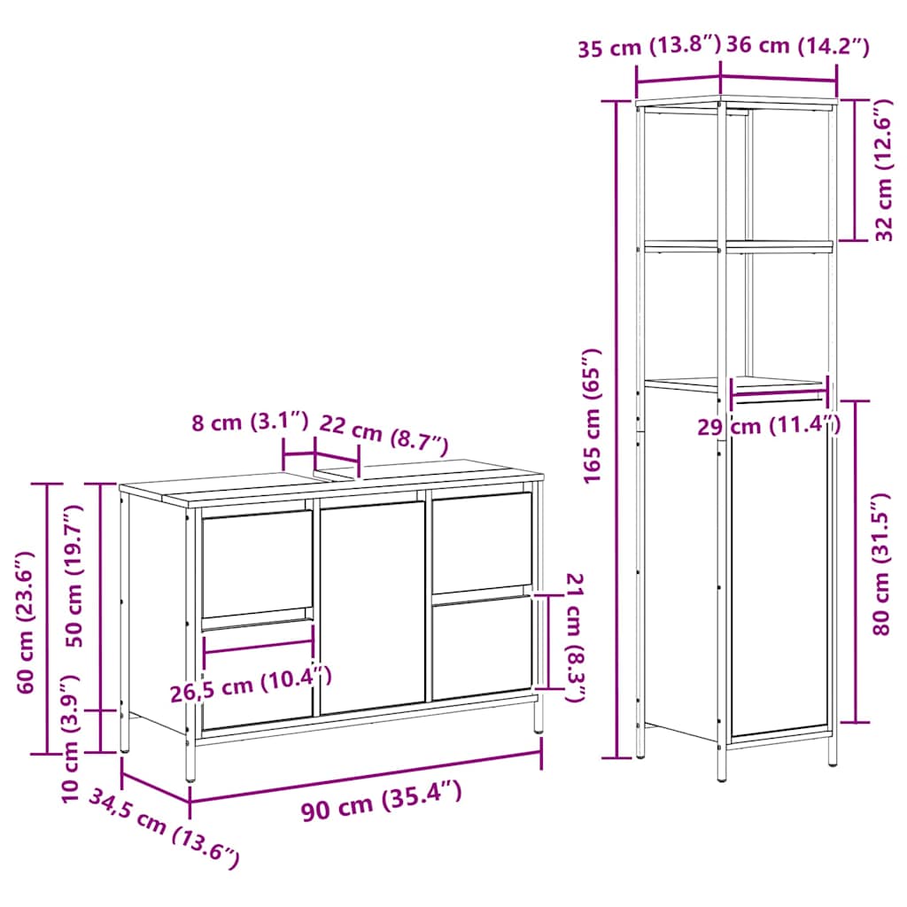vidaXL Σετ Επίπλων Μπάνιου με συρτάρι 2 pcs Γκρι σονόμα και Μαύρο