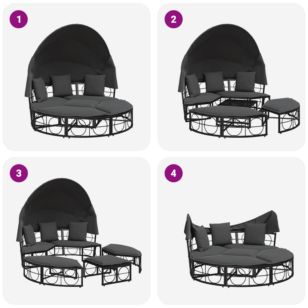 vidaXL Καναπές Εξωτερικού Χώρου Σκίαστρο & Μαξιλάρια Μαύρο Συνθ. Ρατάν