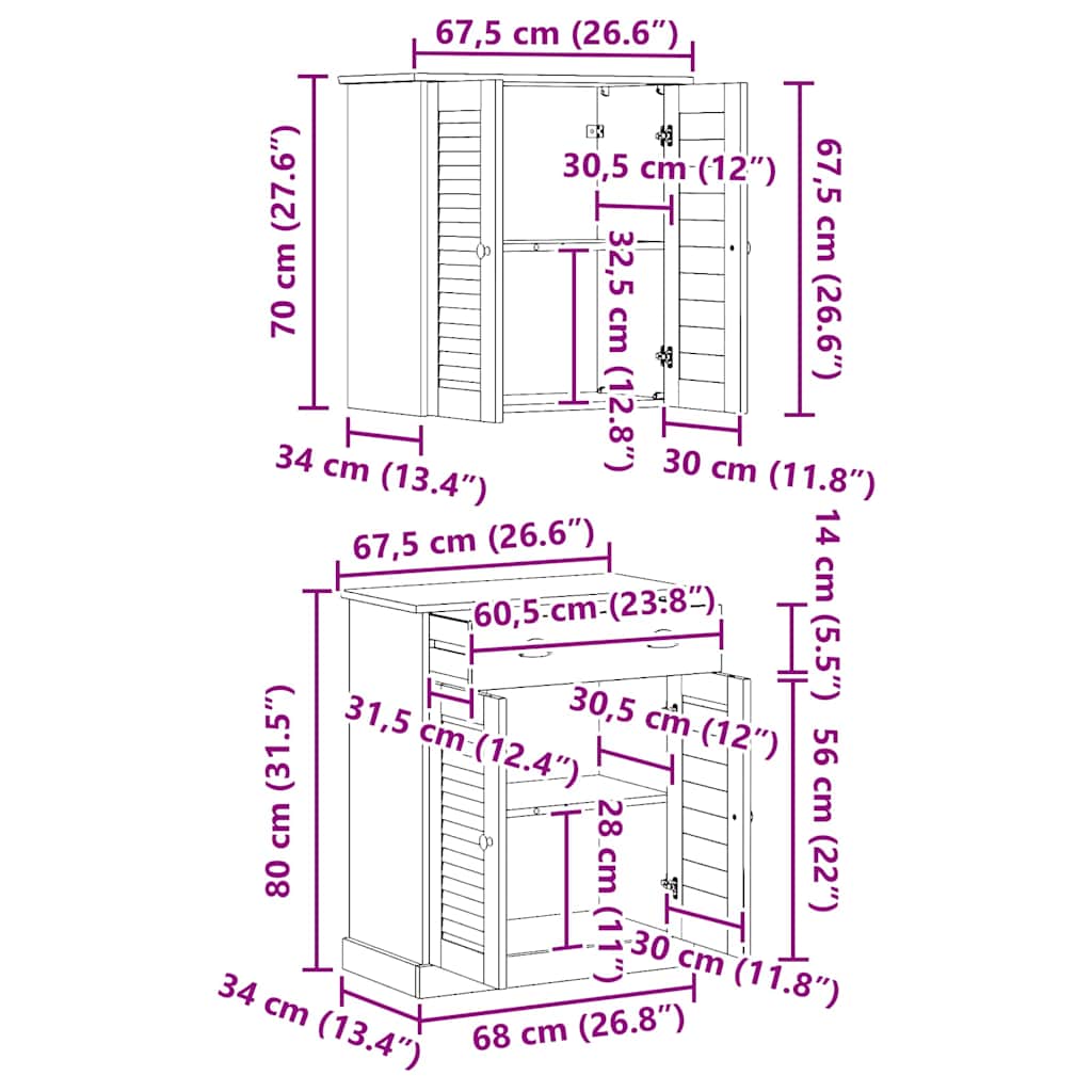 vidaXL Σετ Επίπλων Μπάνιου με συρτάρι με ράφι με αποθήκευση με πόρτα 2 pcs Καφέ 67.5 x 34 x 80 εκ