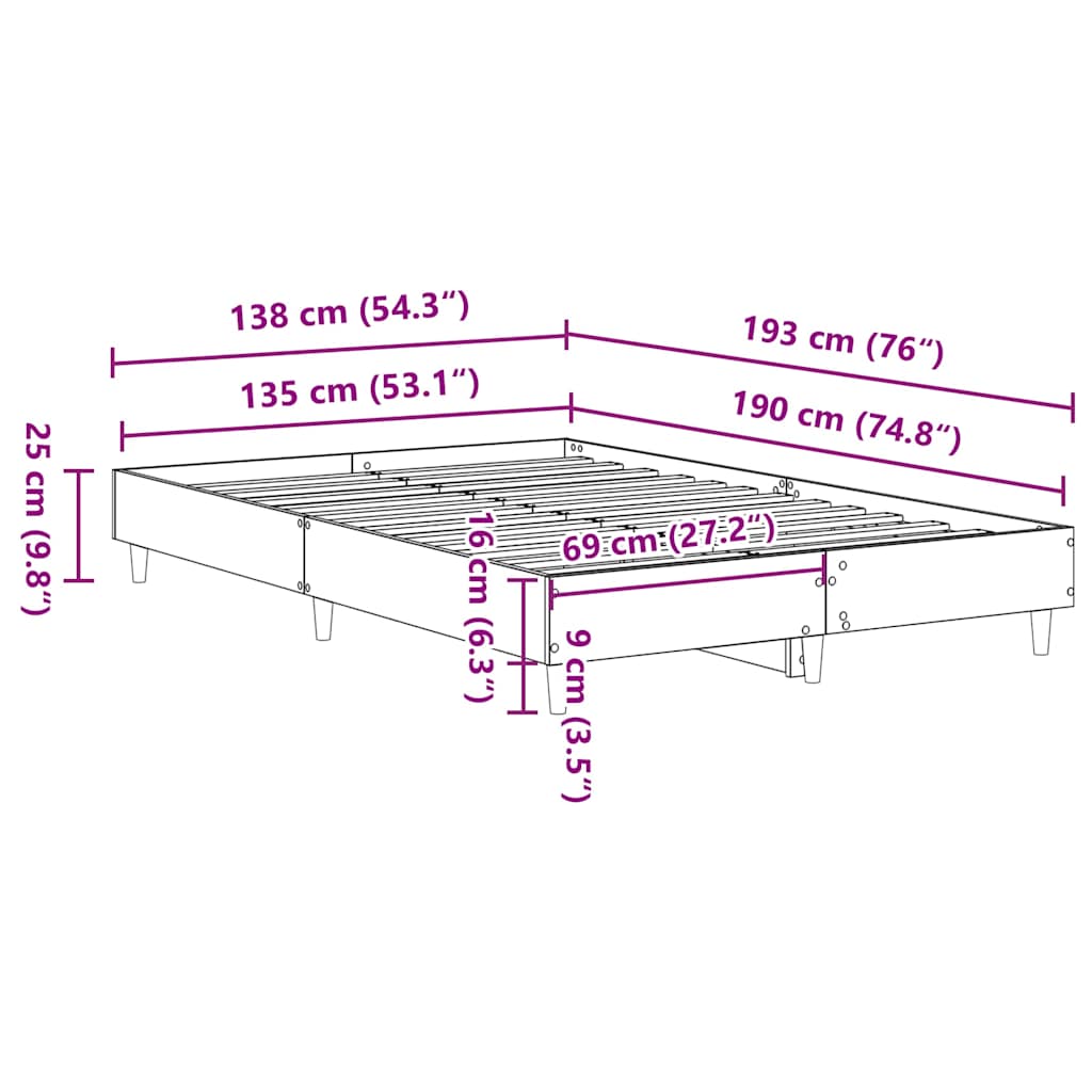 vidaXL Πλαίσιο κρεβατιού χωρίς στρώμα 135x190 εκ. Επεξεργασμένο Ξύλο