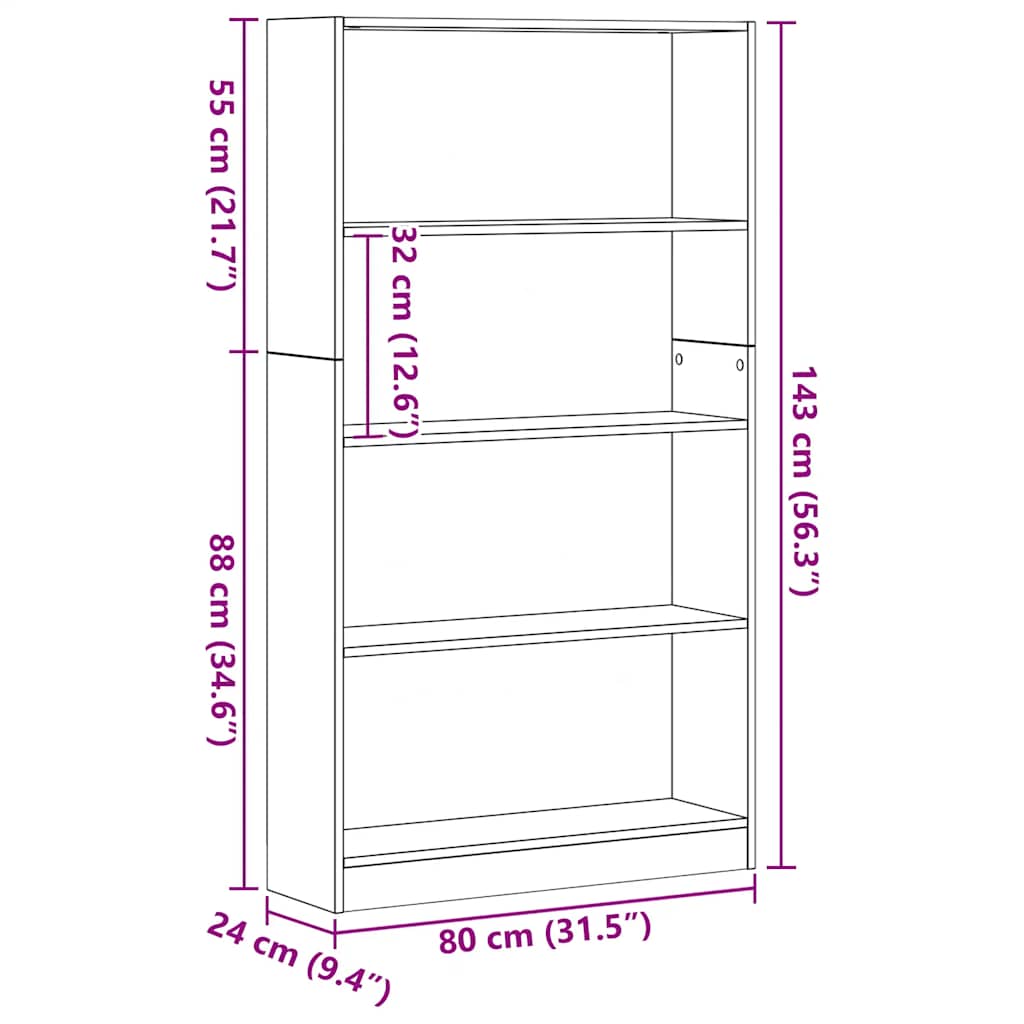 vidaXL Βιβλιοθήκη 4 Επιπέδων Μαύρη Δρυς 80x24x143 εκ. από Τεχνητό Ξύλο