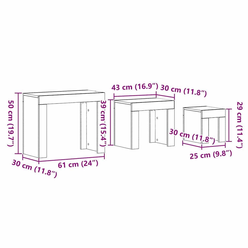 vidaXL Ένθετα τραπέζια 3 pcs Μαύρη Οξυά Επεξεργασμένο ξύλο