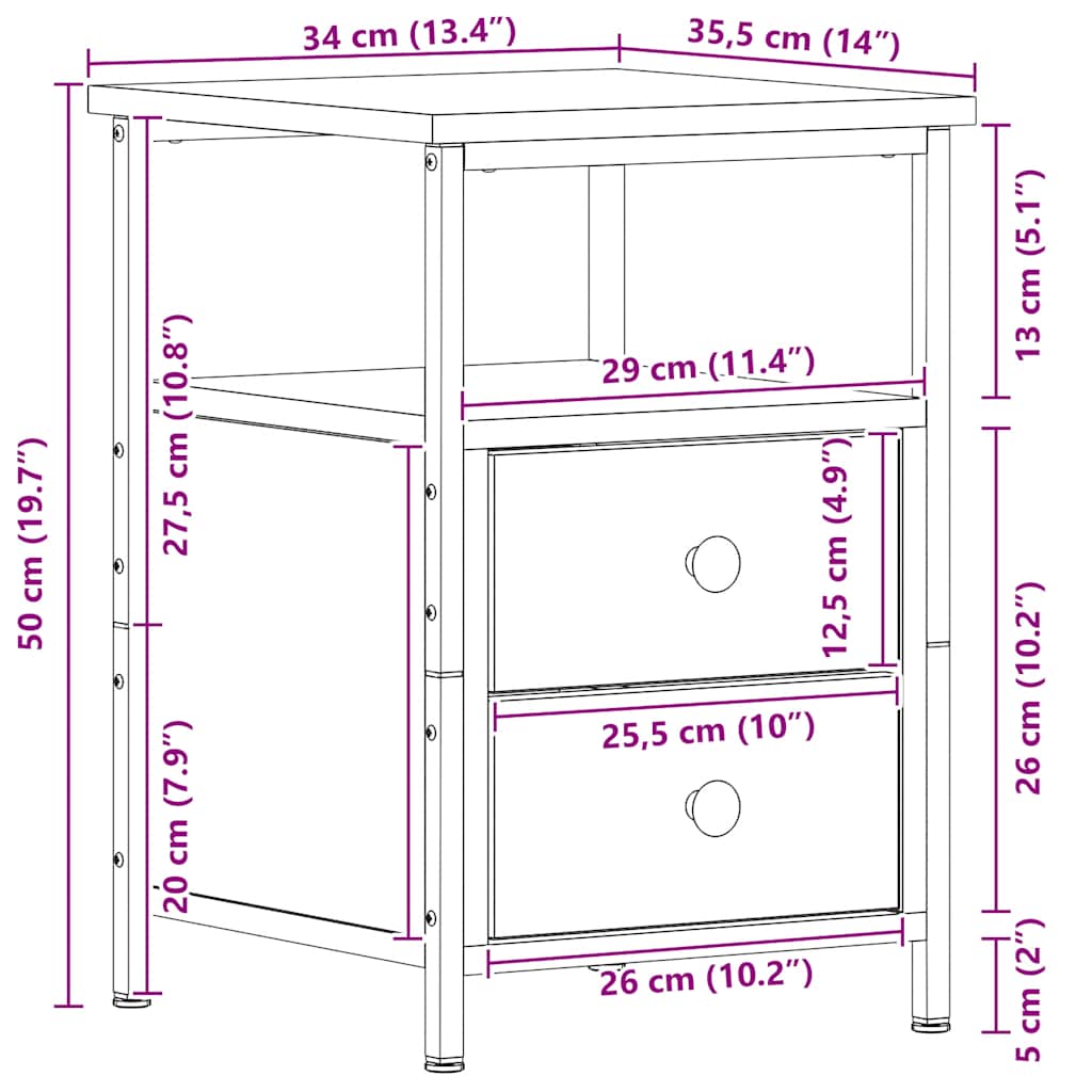 vidaXL Κομοδίνο Μαύρο Δρυς 34x35,5x50 εκ. από Τεχνητό Ξύλο