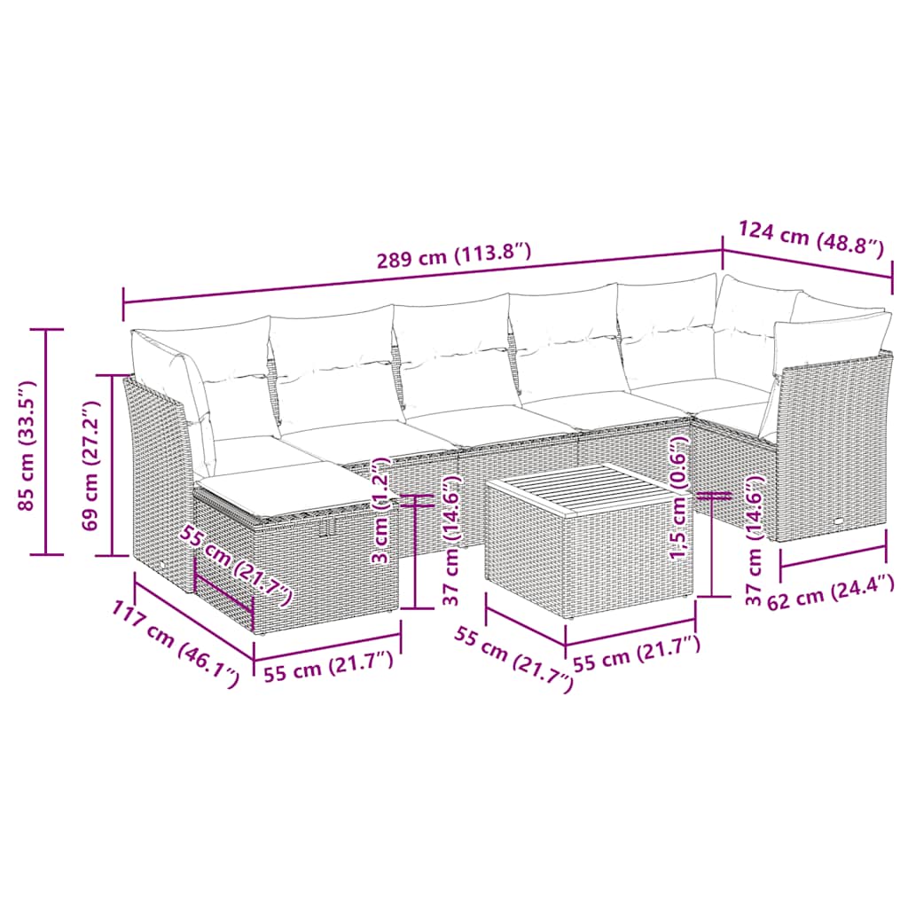 vidaXL Σαλόνι Κήπου Σετ 8 Τεμαχίων Γκρι Συνθετικό Ρατάν με Μαξιλάρια