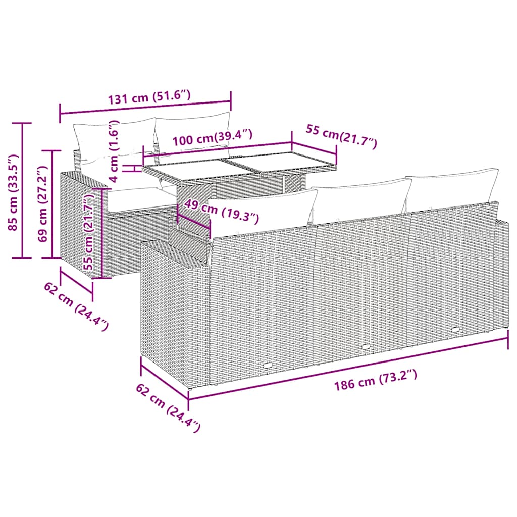 vidaXL Σαλόνι Κήπου Σετ 7 Τεμαχίων Καφέ Συνθετικό Ρατάν με Μαξιλάρια