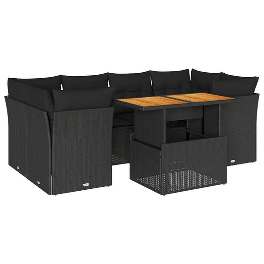 vidaXL Καναπές Σετ 7 Τεμαχίων Μαύρο Συνθετικό Ρατάν με Μαξιλάρια