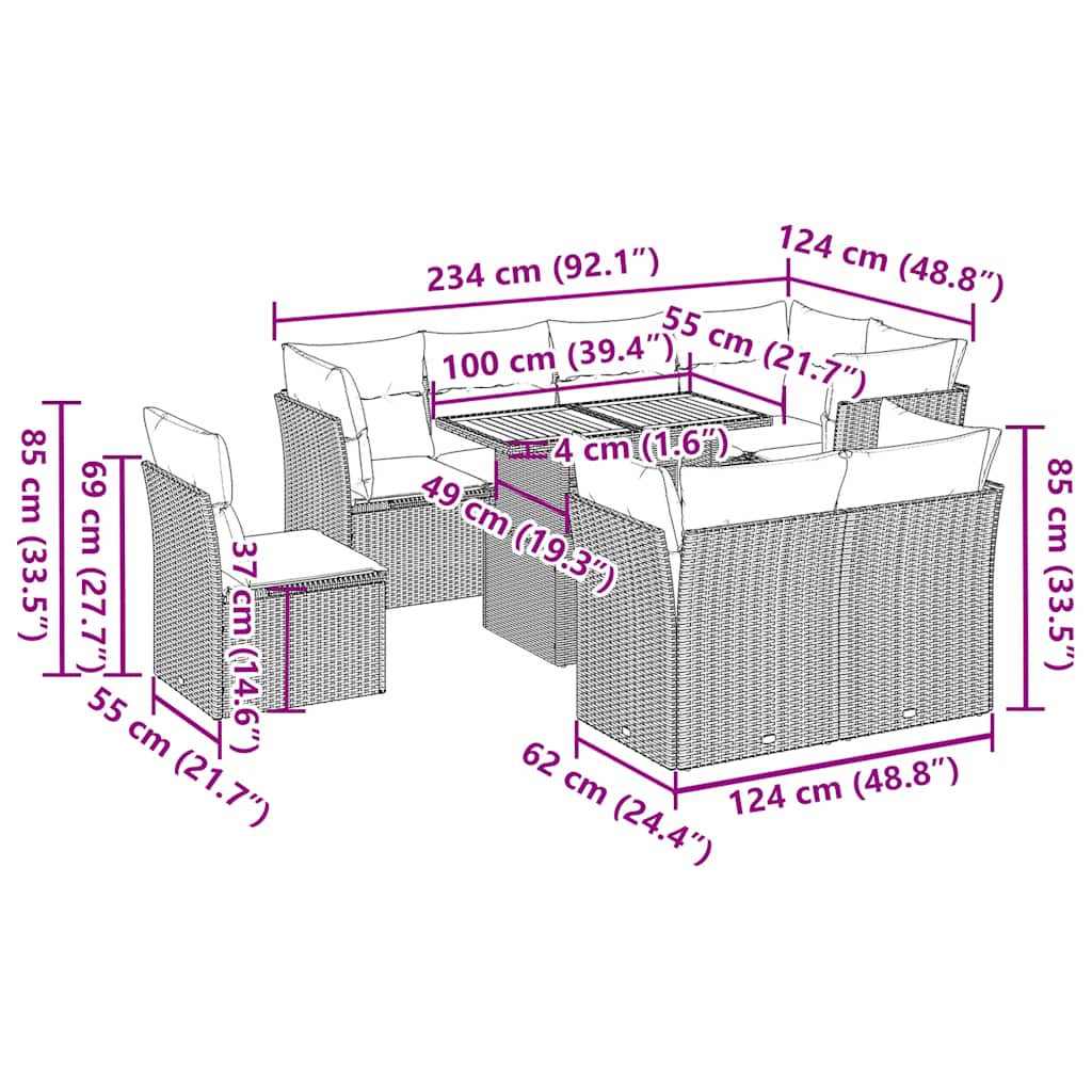 vidaXL Σαλόνι Κήπου Σετ 9 Τεμαχίων Μαύρο από Συνθ. Ρατάν με Μαξιλάρια