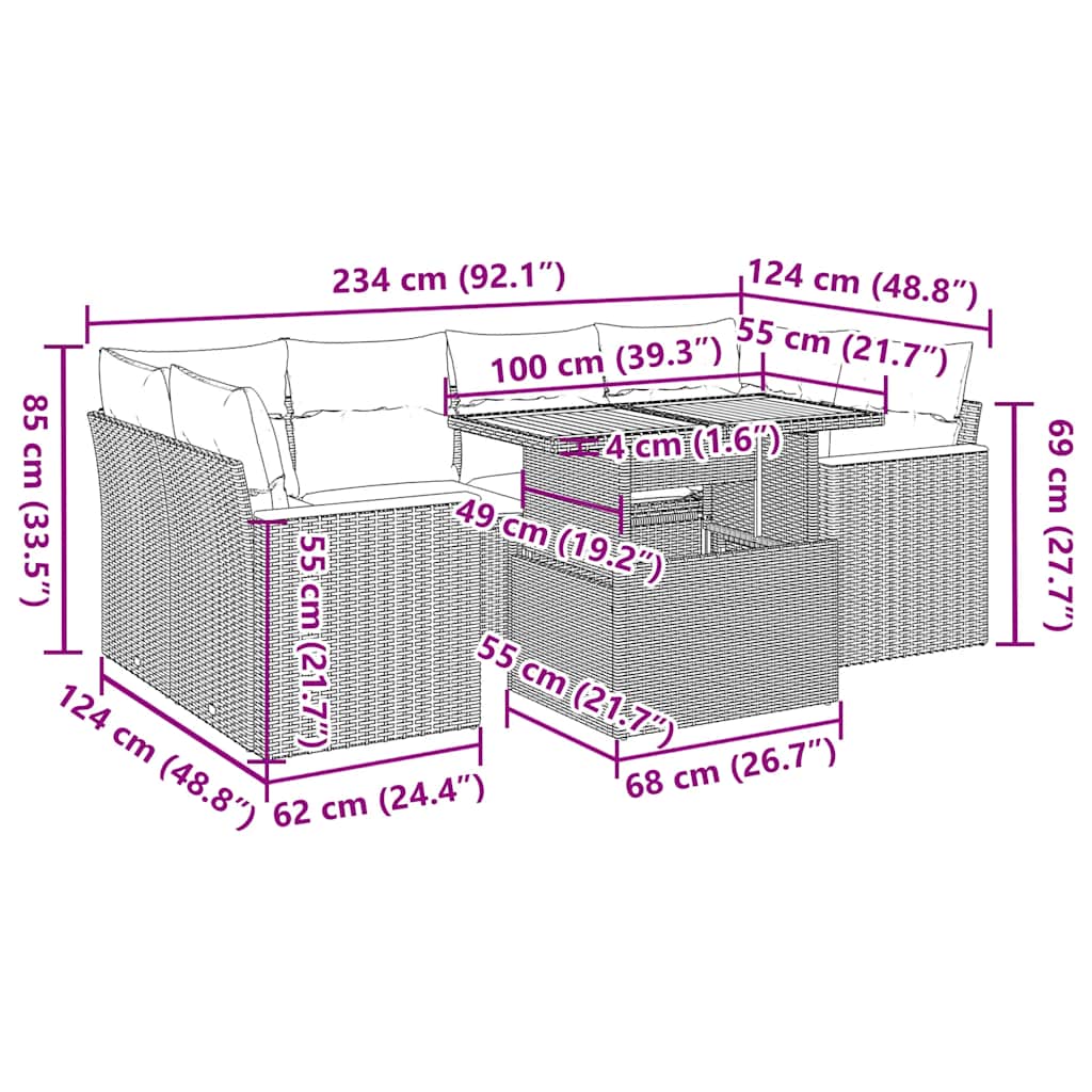 vidaXL Καναπές Κήπου 6 Τεμαχίων Μαύρο Συνθετικό Ρατάν Μαξιλάρια Ακακία