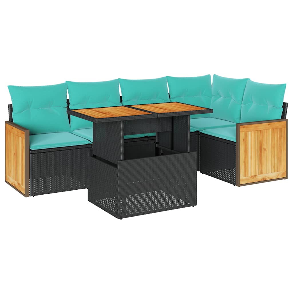 vidaXL Καναπές Κήπου 6 Τεμαχίων Μαύρο Συνθετικό Ρατάν Μαξιλάρια Ακακία