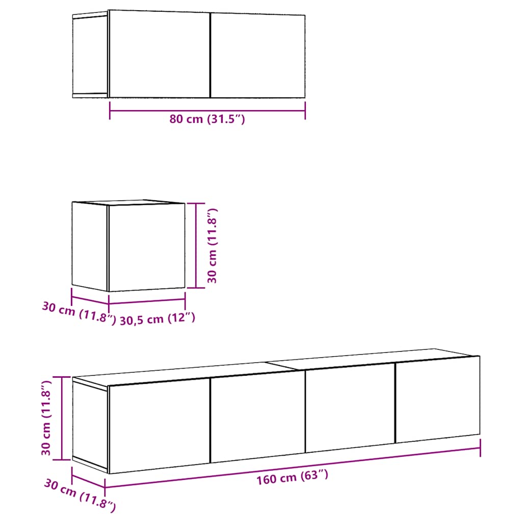 vidaXL 4 τεμαχίων σετ ντουλαπιών τηλεόρασης με επίτοιχο παλιό ξύλο