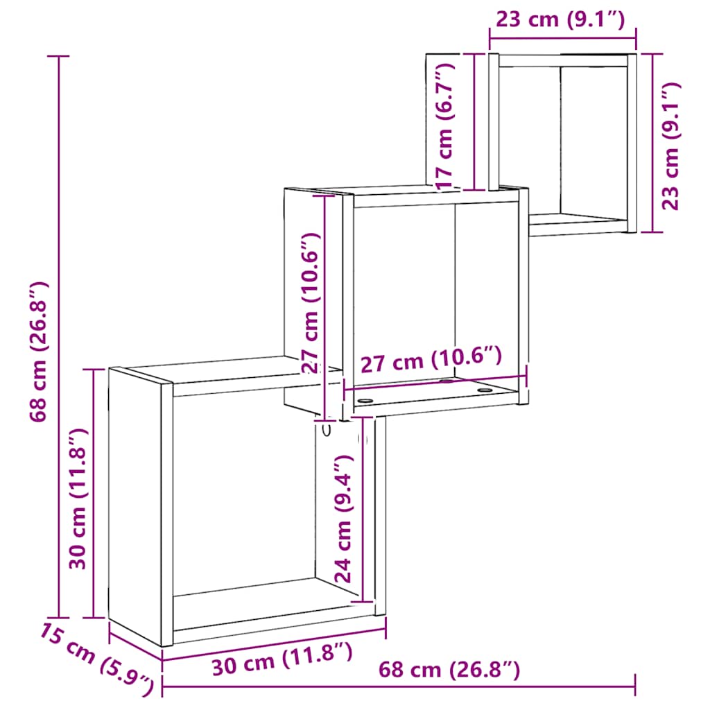 vidaXL Ράφια Τοίχου Κύβοι Μαύρη Δρυς 68 x 15 x 68 εκ. από Τεχνητό Ξύλο