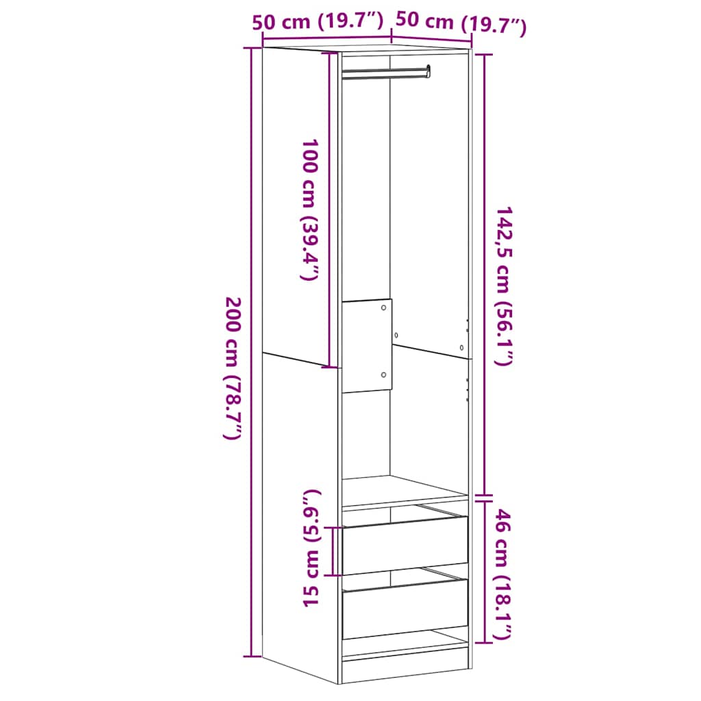vidaXL Ντουλάπι Μαύρη δρυς 50 x 50 x 200 εκ. Επεξεργασμένο ξύλο