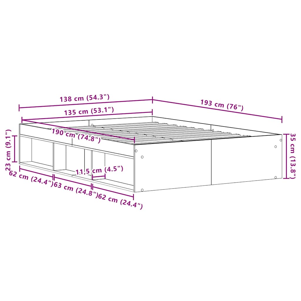 vidaXL Πλαίσιο κρεβατιού χωρίς στρώμα 135x190 εκ. Επεξεργασμένο Ξύλο