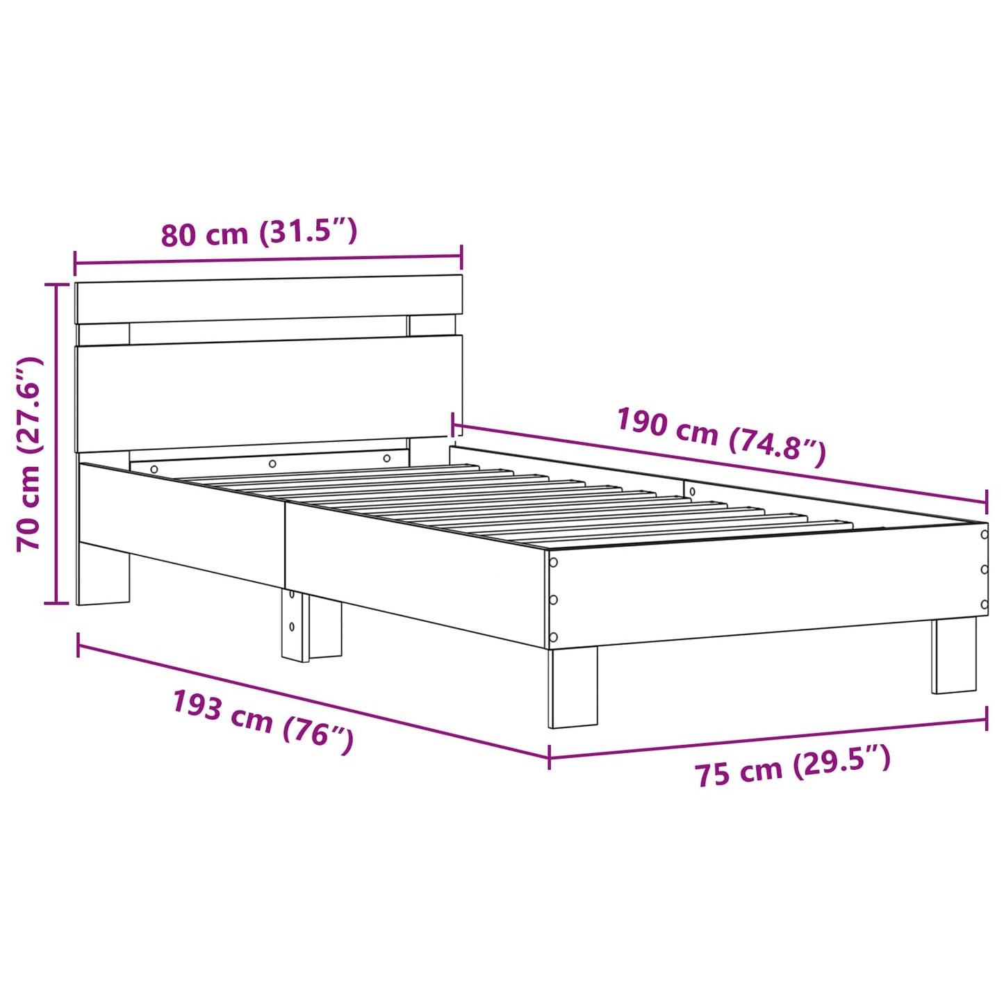 vidaXL Σκελετός Κρεβατιού Παλιό ξύλο 75 x 190 cm Επεξεργασμένο ξύλο