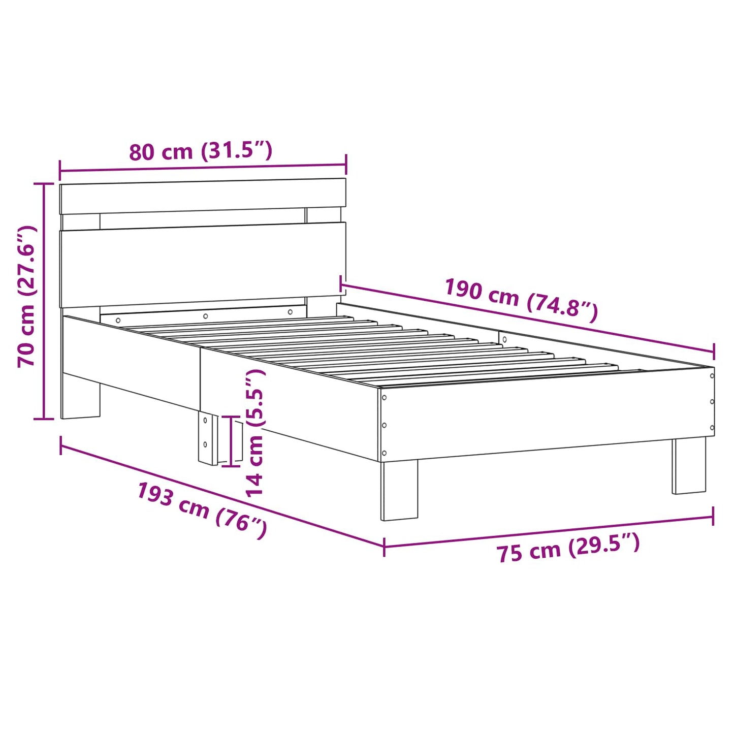 vidaXL Σκελετός Κρεβατιού Μαύρη Οξυά 75 x 190 cm Επεξεργασμένο ξύλο