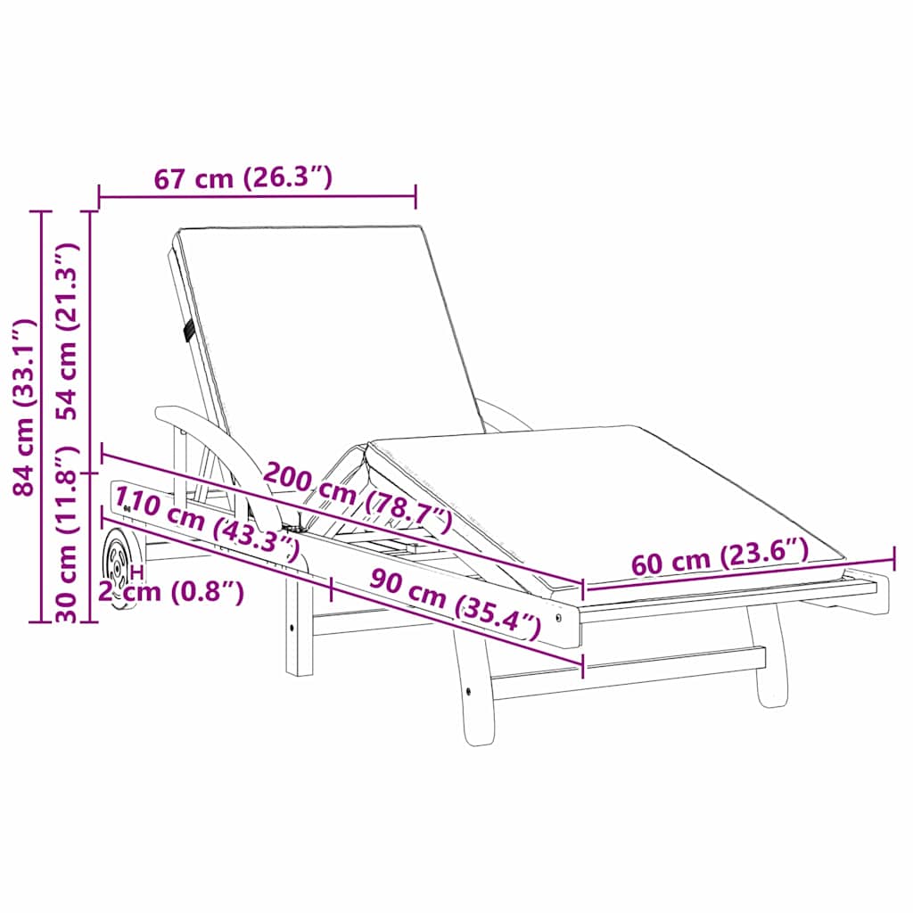 vidaXL Ξαπλώστρες 2 τεμ. με μαξιλάρια και ρόδες Κόκκινο Στερεό ξύλο ακακίας