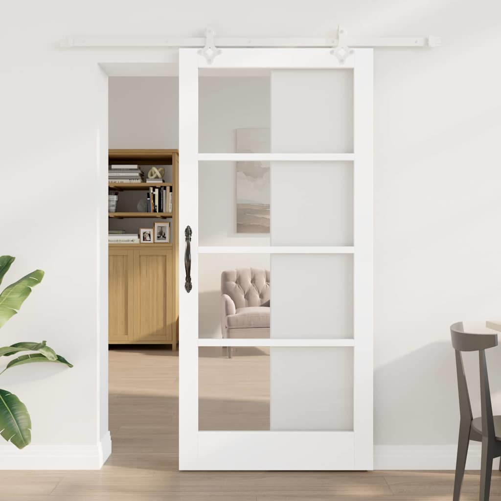 vidaXL Συρόμενη Πόρτα 93 x 202 cm Μασίφ ξύλο πεύκου και γυαλί Λευκό