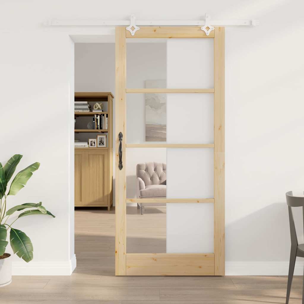 vidaXL Συρόμενη Πόρτα 93 x 211 εκ. Μασίφ ξύλο πεύκου και γυαλί Φυσικό