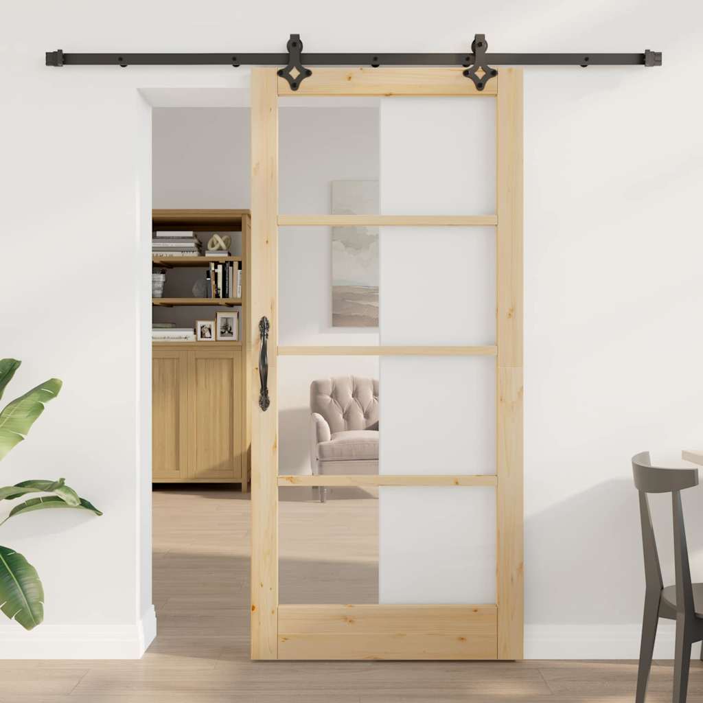 vidaXL Συρόμενη Πόρτα Φυσικό 93 x 202 cm Μασίφ ξύλο πεύκου και γυαλί
