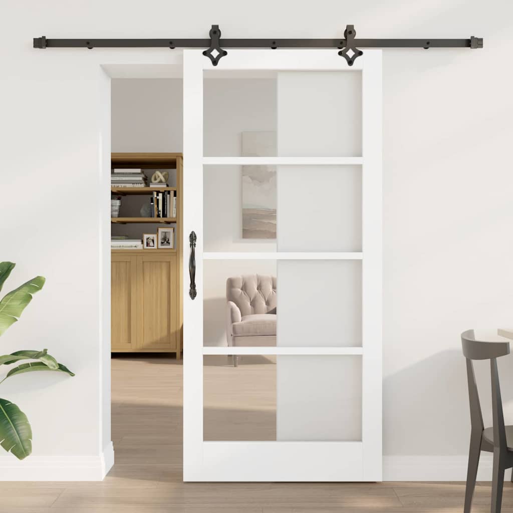 vidaXL Συρόμενη Πόρτα Λευκό 93 x 202 cm Μασίφ ξύλο πεύκου και γυαλί