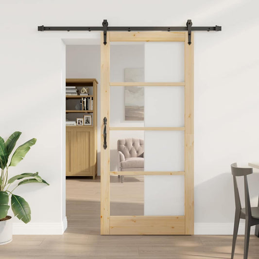 vidaXL Συρόμενη Πόρτα 93 x 202 cm Μασίφ ξύλο πεύκου και γυαλί Φυσικό