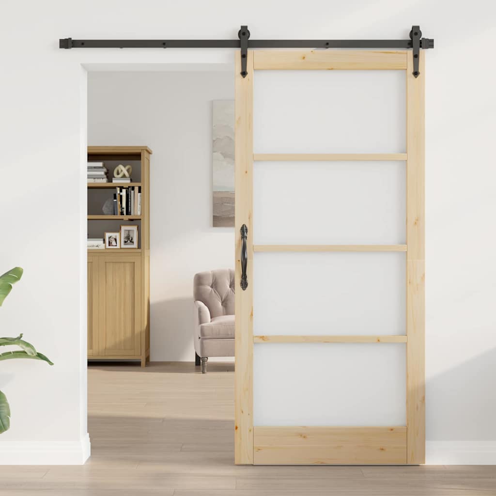 vidaXL Συρόμενη Πόρτα 93 x 202 cm Μασίφ ξύλο πεύκου και γυαλί Φυσικό