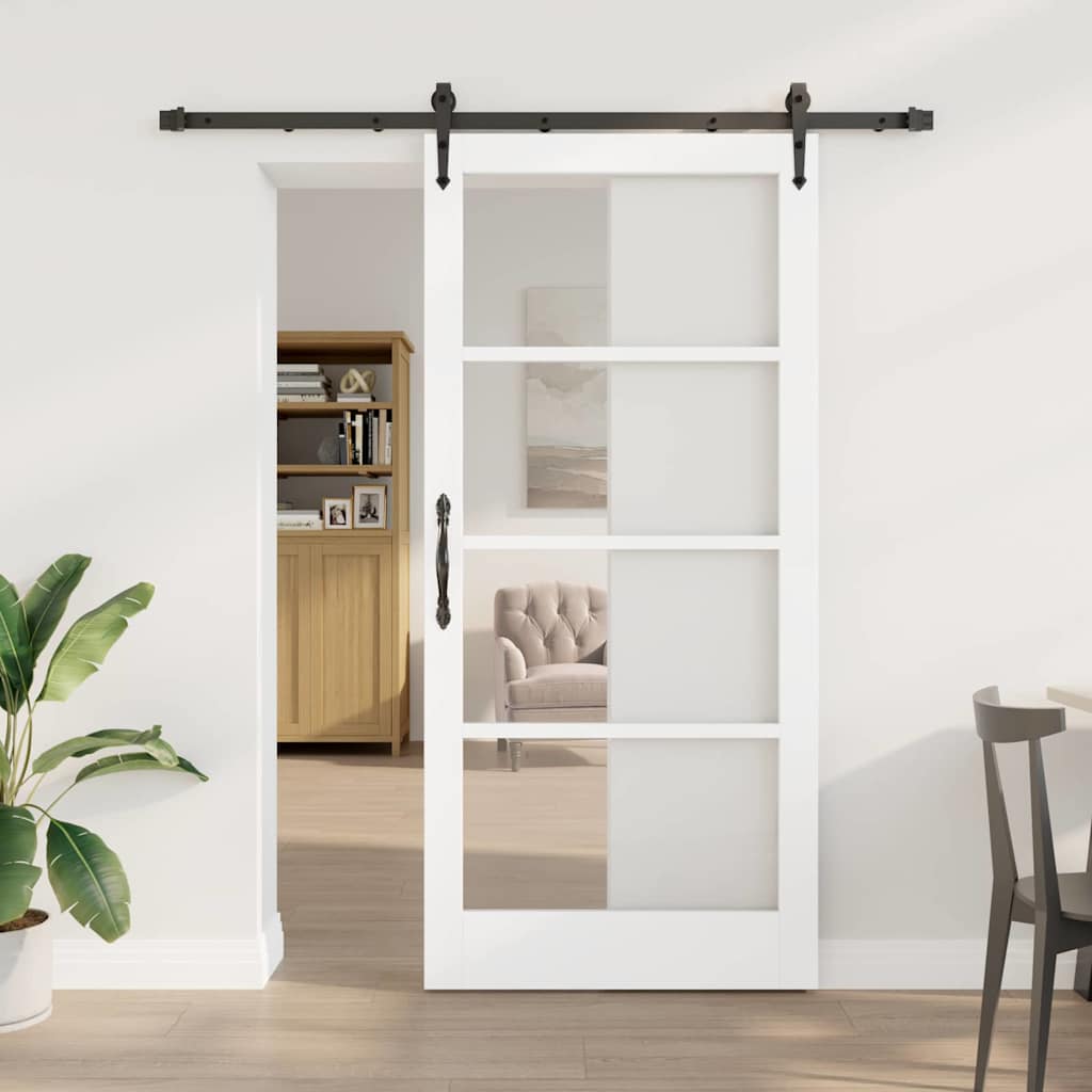 vidaXL Συρόμενη Πόρτα 93 x 202 cm Μασίφ ξύλο πεύκου και γυαλί Λευκό
