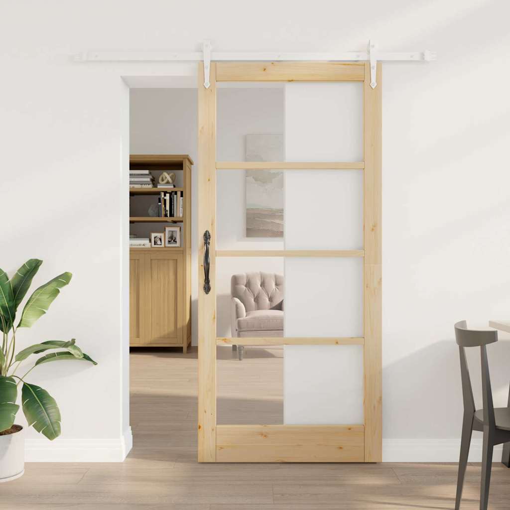 vidaXL Συρόμενη Πόρτα 93 x 202 cm Μασίφ ξύλο πεύκου και γυαλί Φυσικό