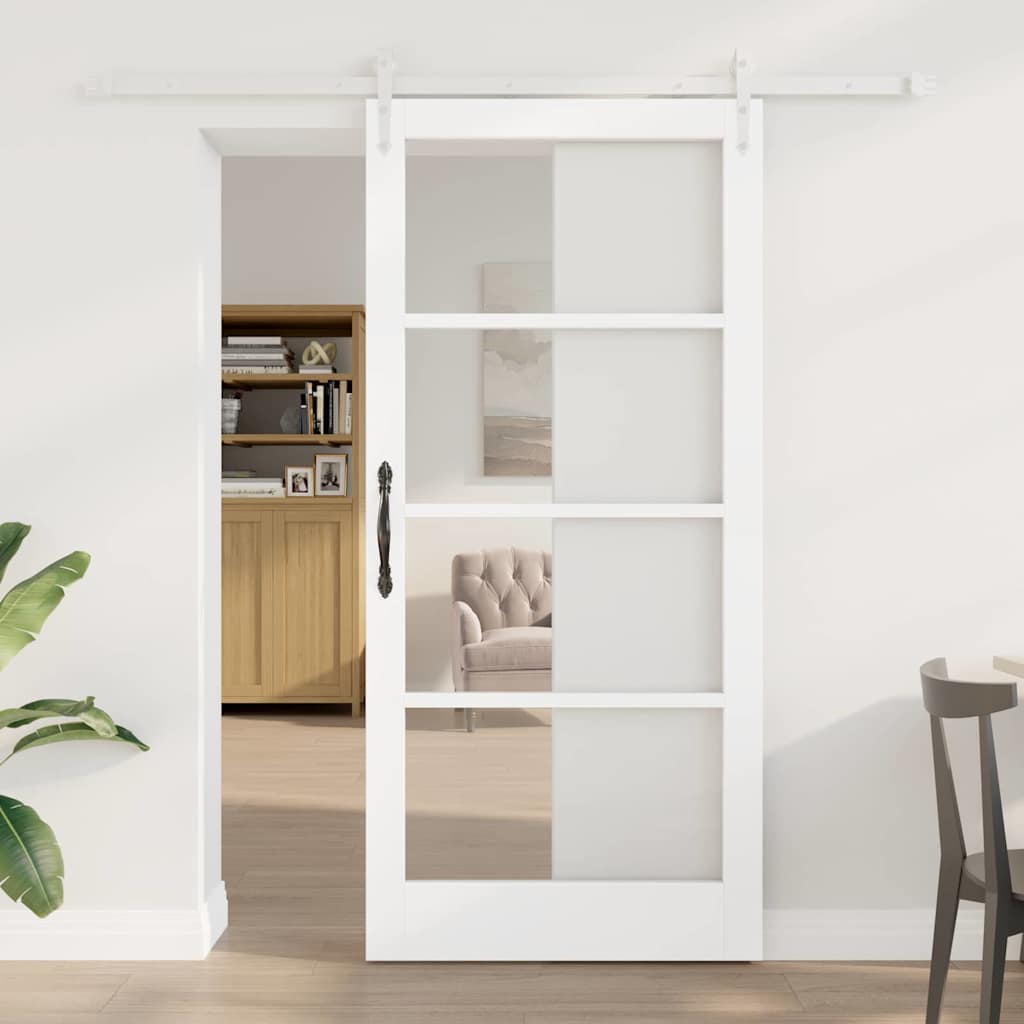 vidaXL Συρόμενη Πόρτα 93 x 202 cm Μασίφ ξύλο πεύκου και γυαλί Λευκό