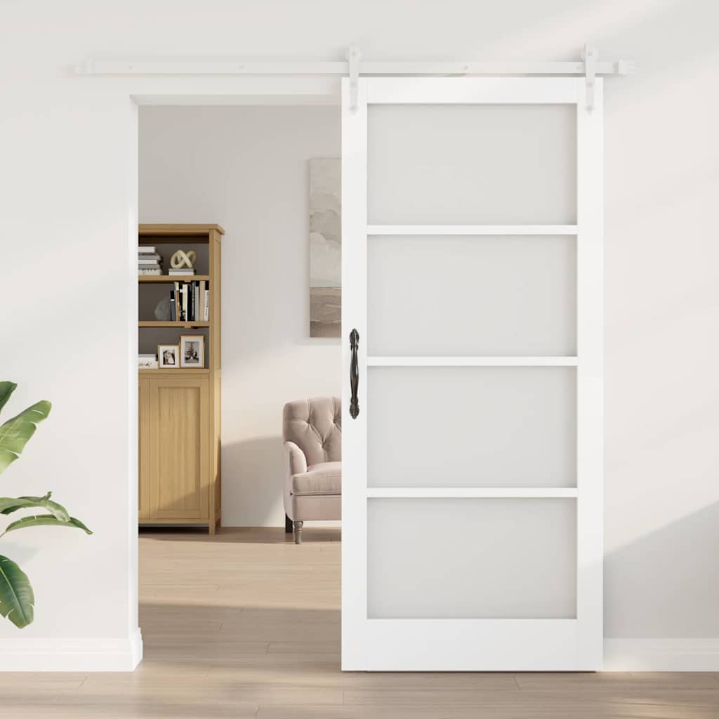 vidaXL Συρόμενη Πόρτα 93 x 211 εκ. Μασίφ ξύλο πεύκου και γυαλί Λευκό