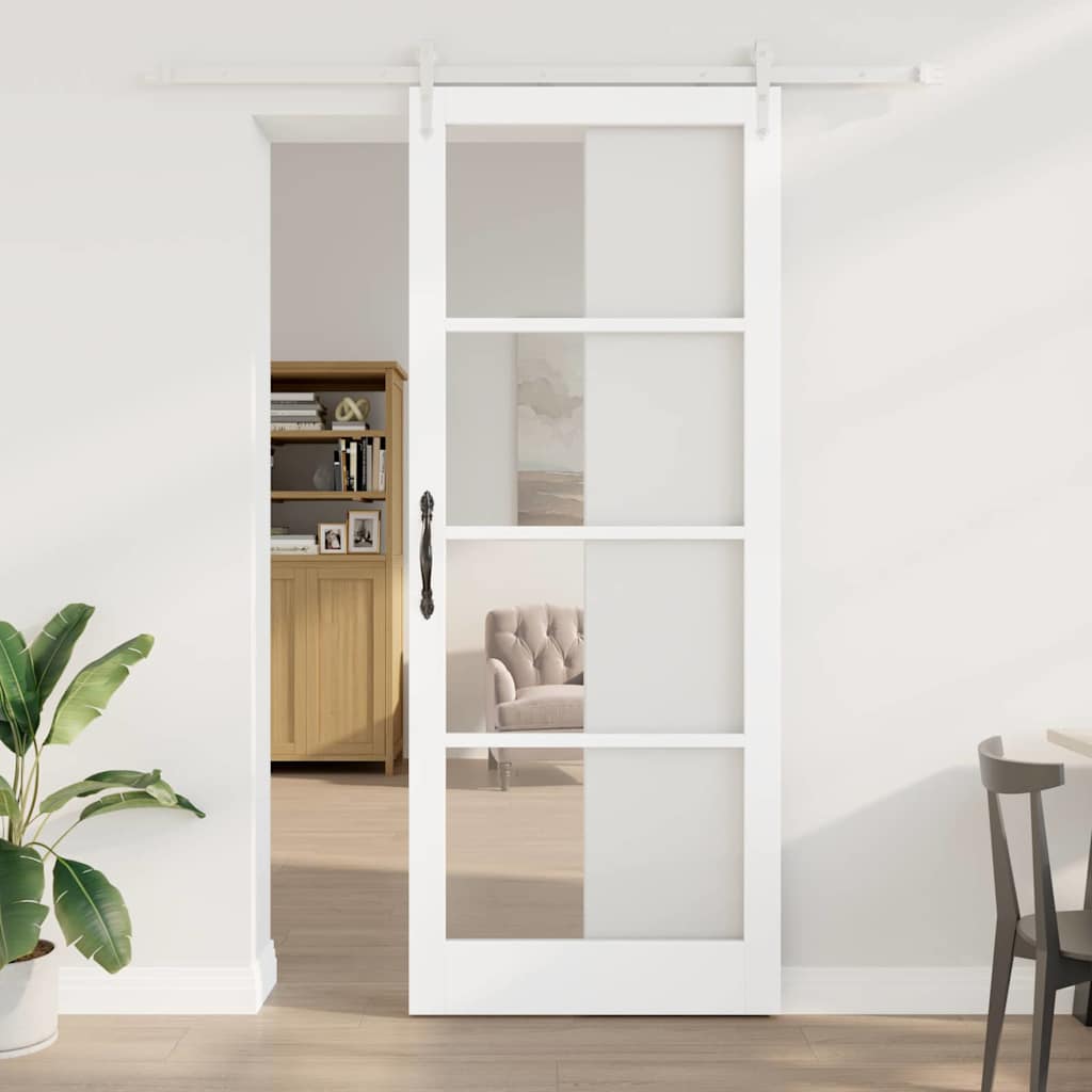 vidaXL Συρόμενη Πόρτα 93 x 232 εκ. Μασίφ ξύλο πεύκου και γυαλί Λευκό
