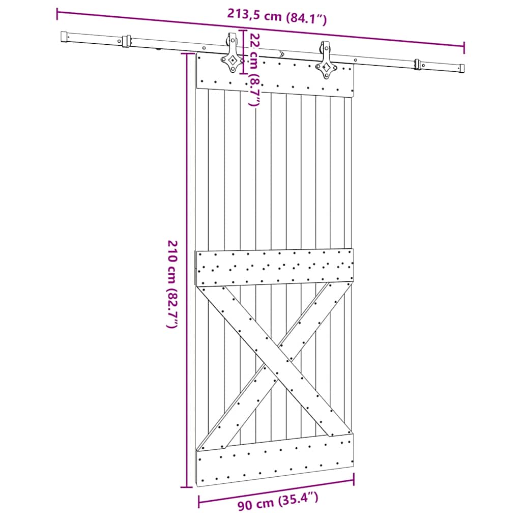 vidaXL Συρόμενη Μεσόπορτα με Μηχανισμό 90 x 210 εκ. Μασίφ Ξύλο Πεύκου