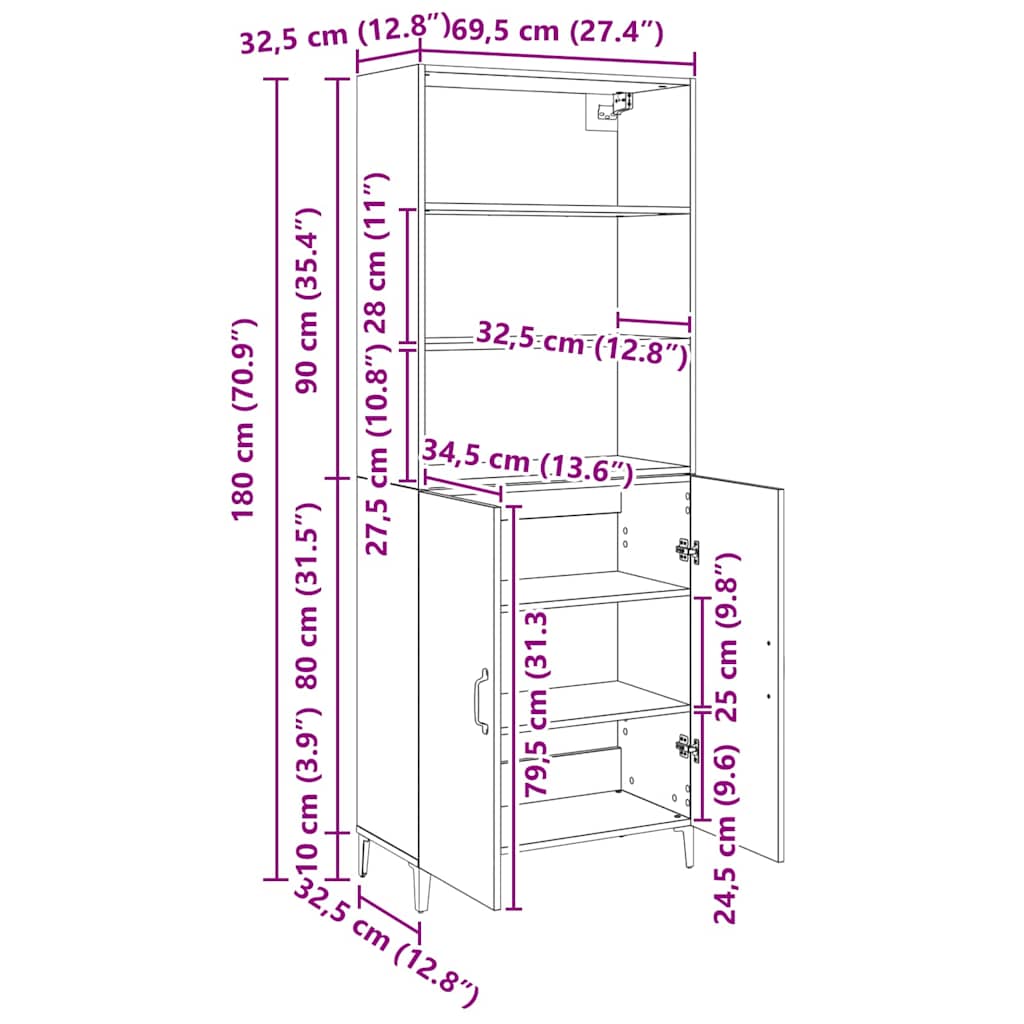 vidaXL Πλαϊνό γραφείο Μαύρη δρυς 69.5 x 32.5 x 180 εκ