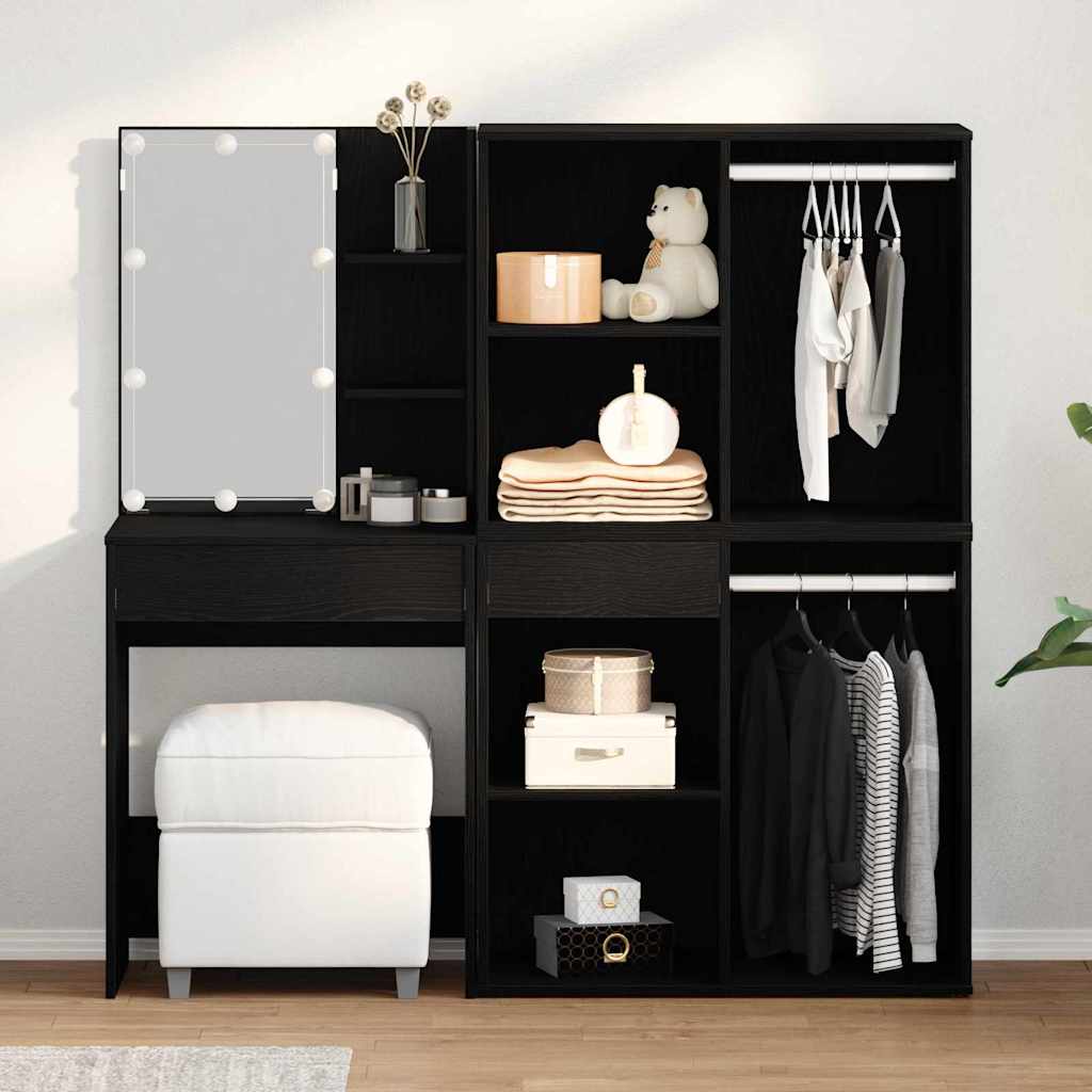 vidaXL LED Τραπέζι Μακιγιάζ με 2 Ντουλάπια Μαύρο Δρύς Επεξεργασμένο Ξύλο