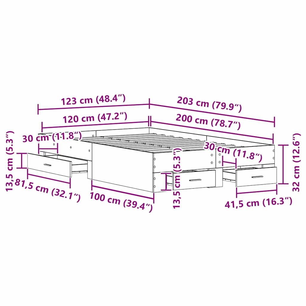 κρεβάτι vidaXL με συρτάρια Μαύρος Δρυς 120x200 εκ Επεξεργασμένο Ξύλο