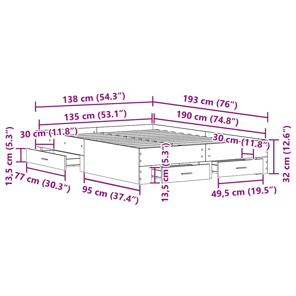 vidaXL Σκελετός Κρεβατιού Παλιό Ξύλο 135 x 190 cm Επεξεργασμένο ξύλο