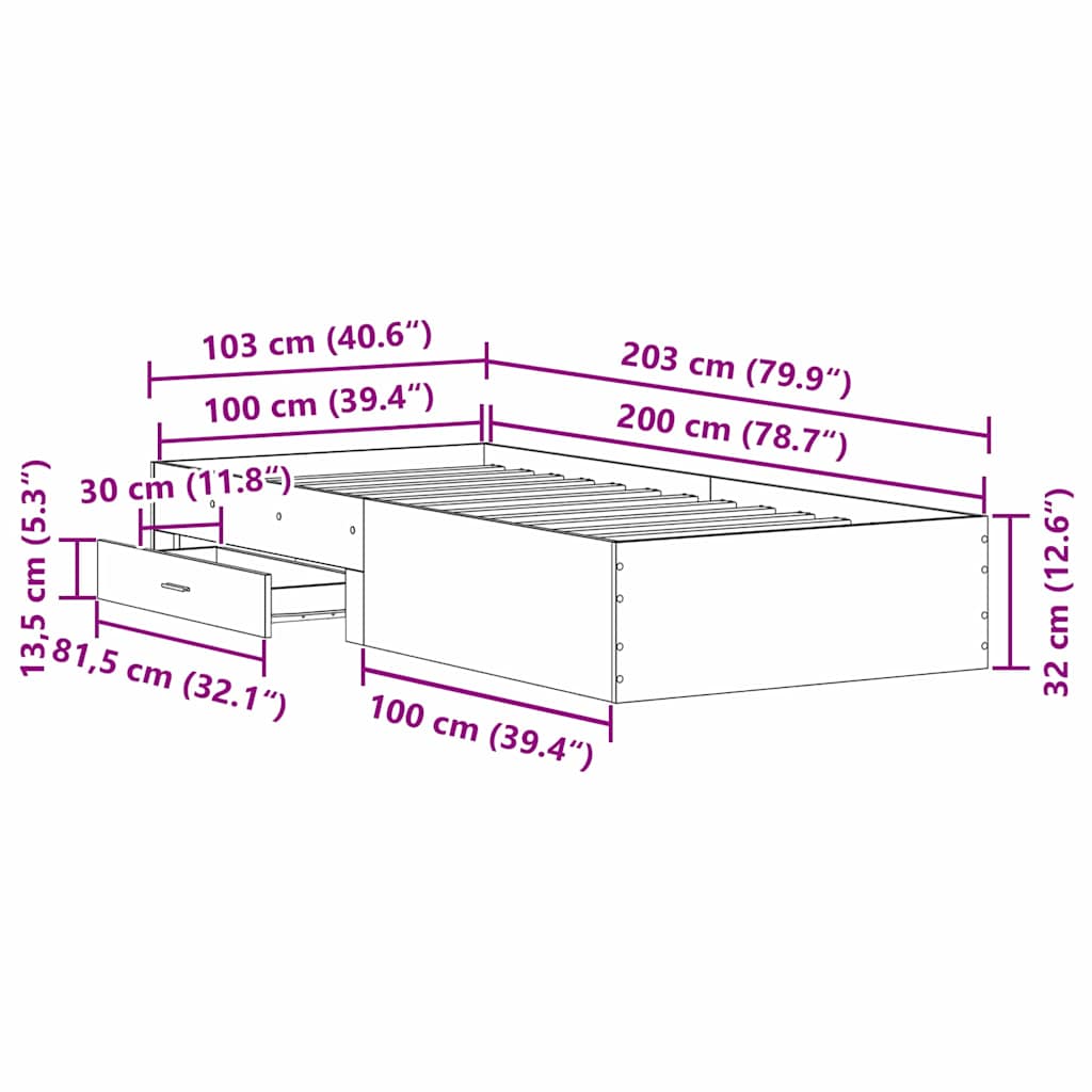 vidaXL Κρεβάτι Μαυρο Δρυς 100x200 εκ Επεξεργασμένο Ξύλο