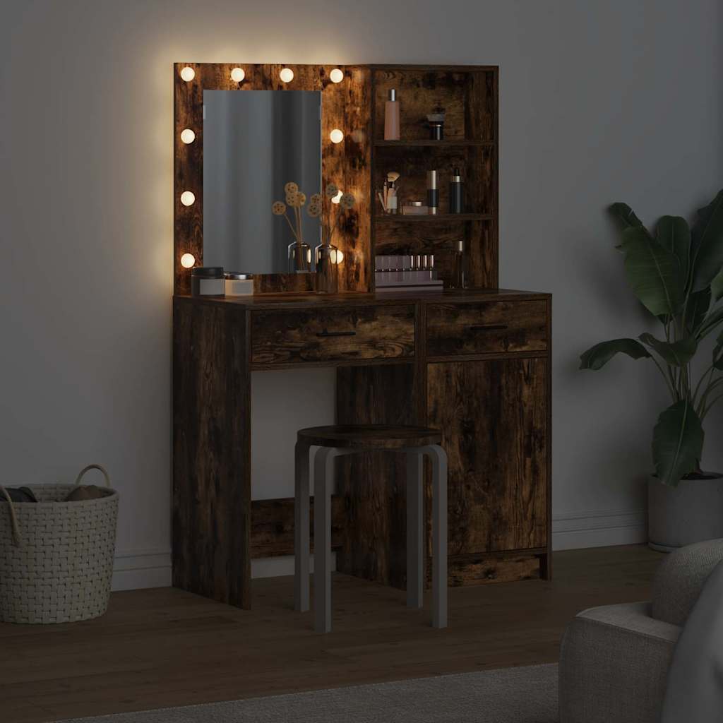 vidaXL Σετ Τραπέζι Ντυσίματος με LED με συρτάρι 2 pcs Καπνιστό Δρύς
