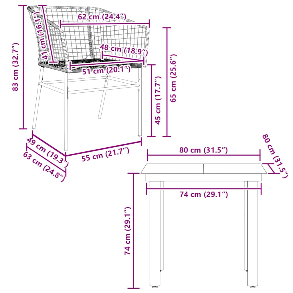 vidaXL Σετ Τραπεζαρίας Κήπου 3 Τεμαχίων Μαύρο Συνθετικό Ρατάν/Γυαλί