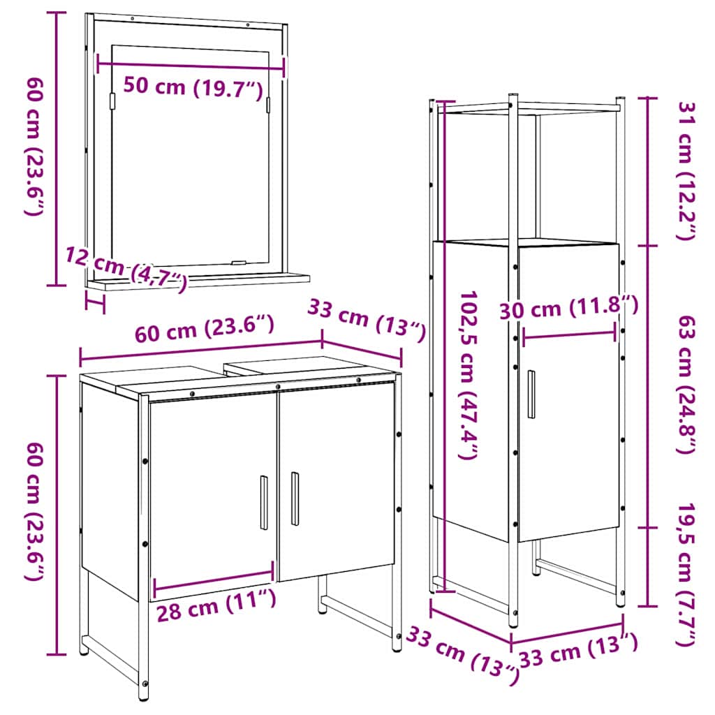 vidaXL Σετ Επίπλων Μπάνιου με ράφι 3 pcs Καφέ Επεξεργασμένο ξύλο