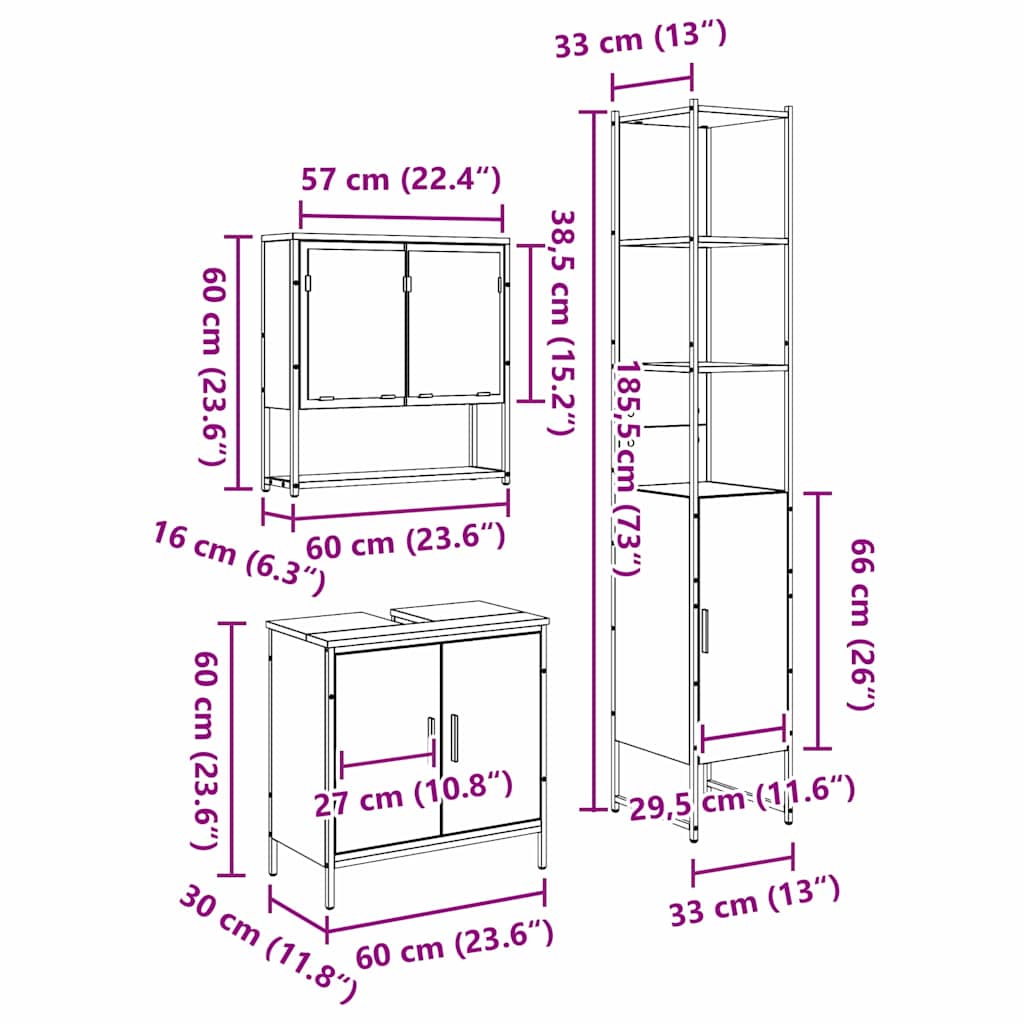 vidaXL Σετ Επίπλων Μπάνιου με ράφι 3 pcs Καφέ 33 x 33 x 185.5 εκ
