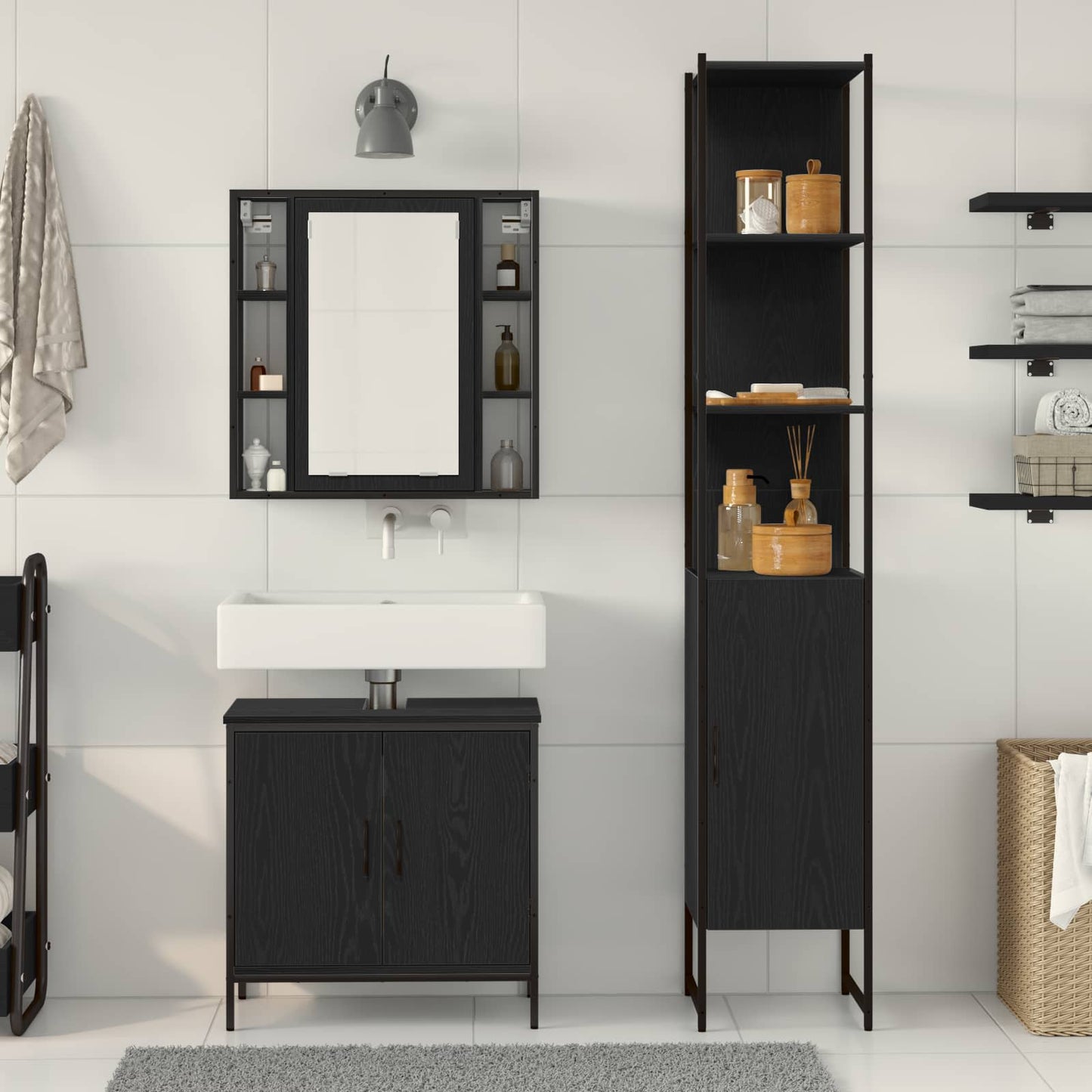 vidaXL Μονάδες Νιπτήρα Μπάνιου 3 τμχ. Μαύρο 33 x 33 x 185,5 εκ