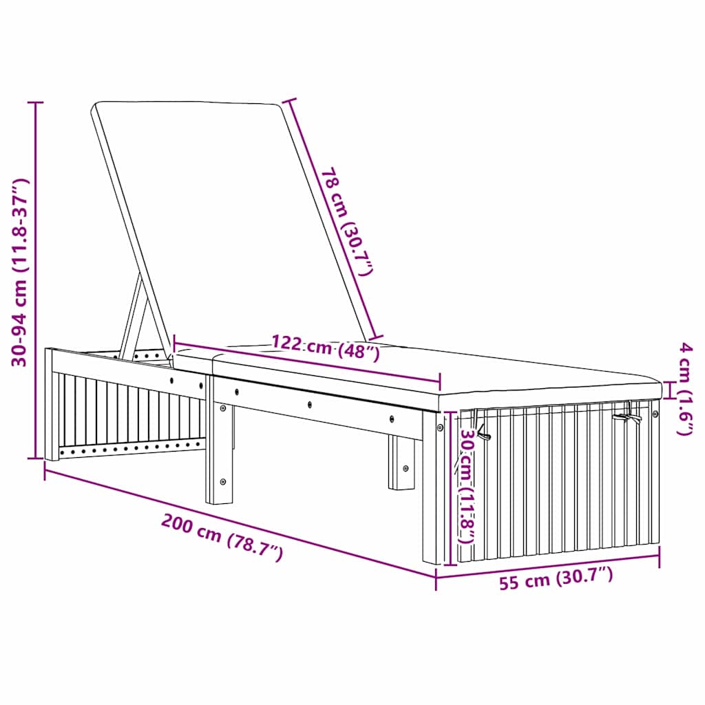 vidaXL Ξαπλώστρα με μαξιλάρι 200x55x30 cm Μασίφ ξύλο ακακίας