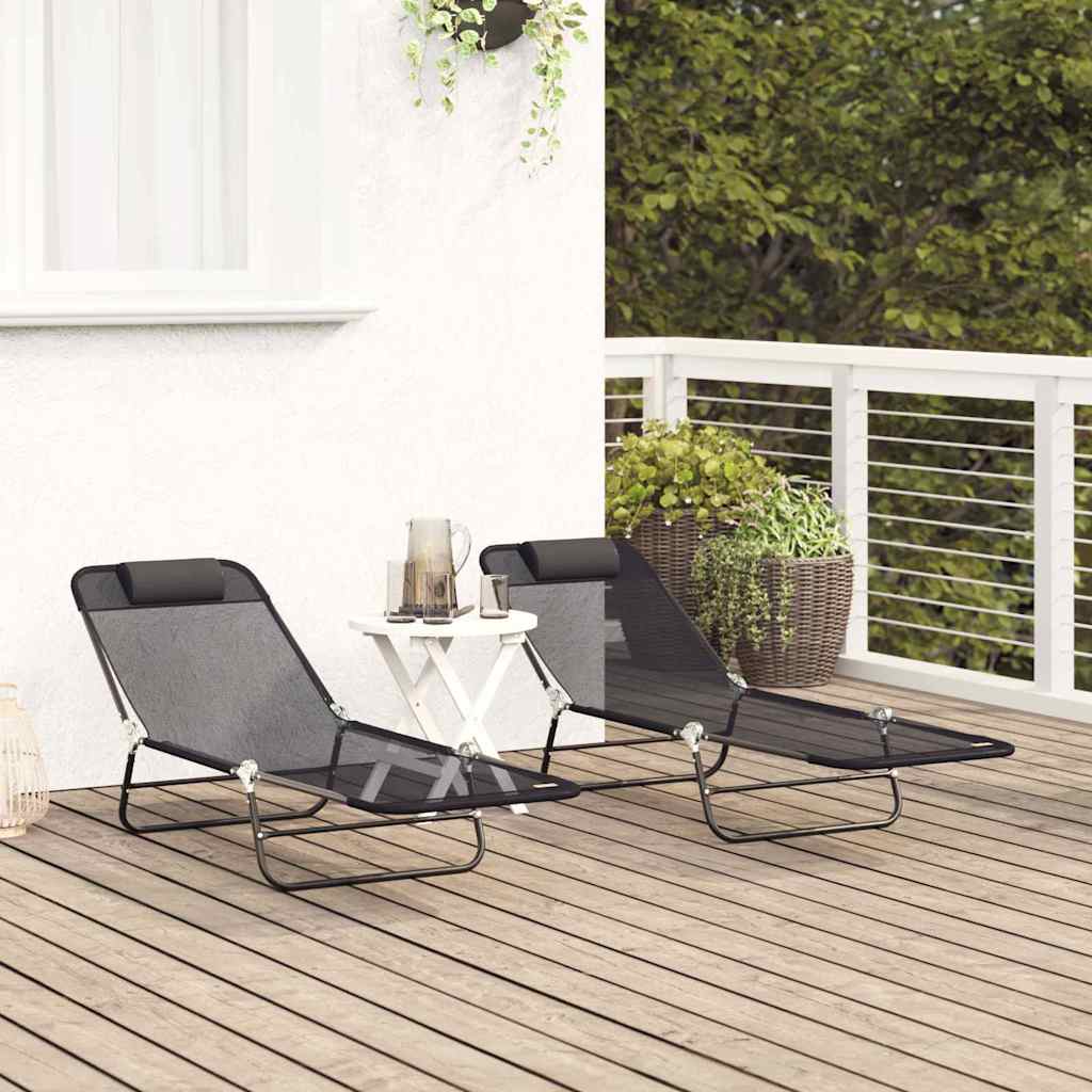 vidaXL Πτυσσόμενη ξαπλώστρα 2 pcs Μαύρο 182 x 55 x 85,5 εκ Textilene