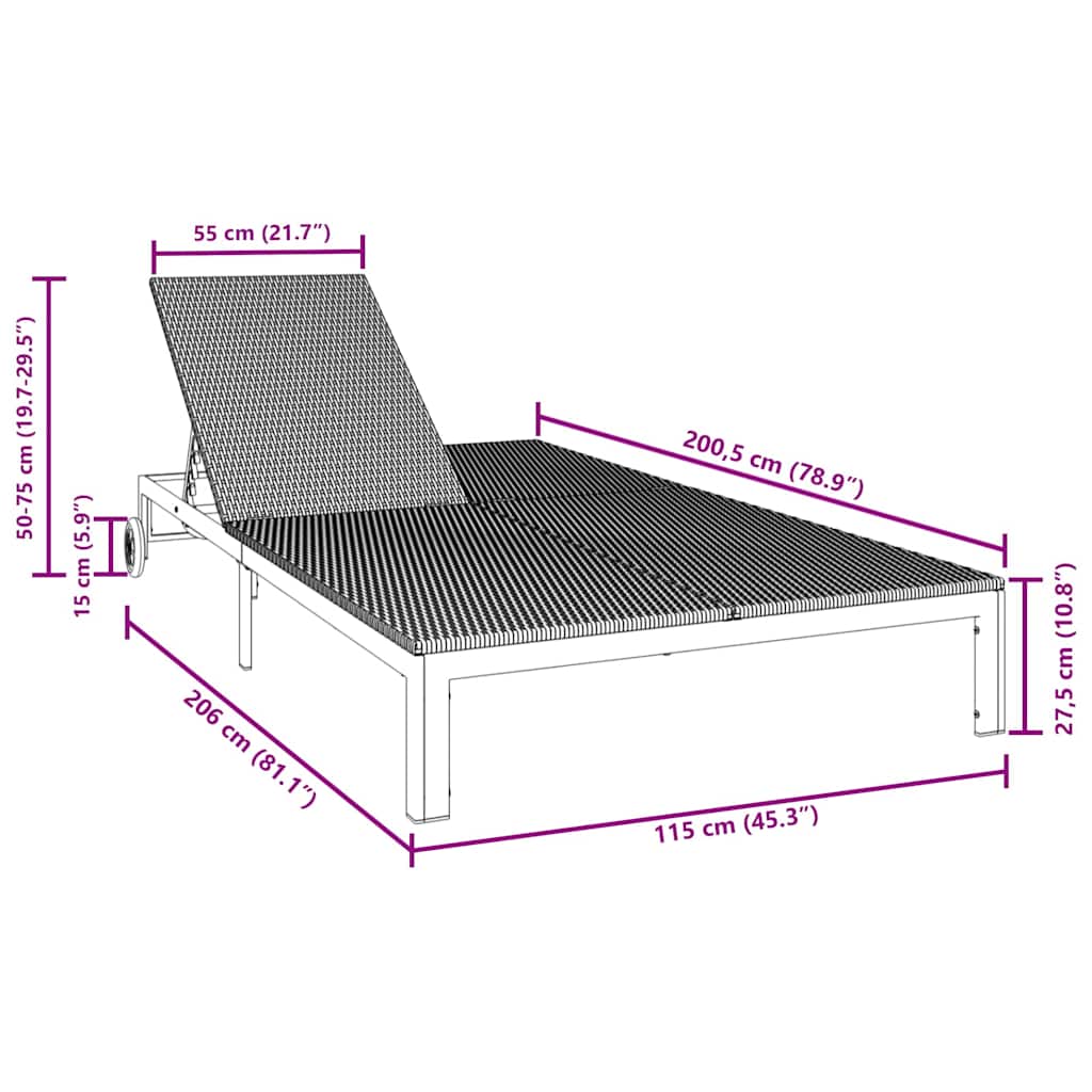 vidaXL Ήλιο-κρεβάτι Μαύρο 206 x 115 x 75 εκ συνθετικό ρατάν