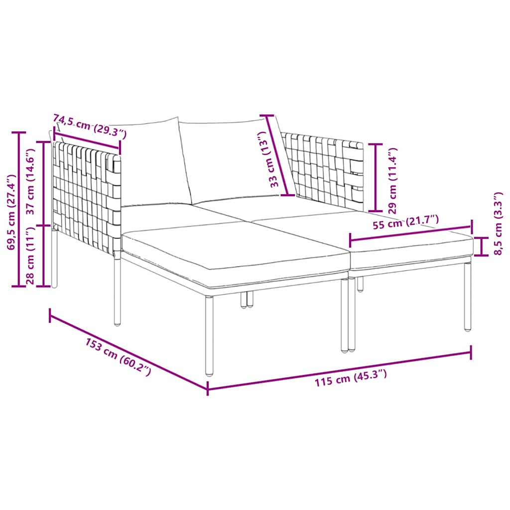 vidaXL Ξαπλώστρα με Μαξιλάρια 2 Ατόμων Ανθρακί 115x153x69,5 εκ Μεταλλικό