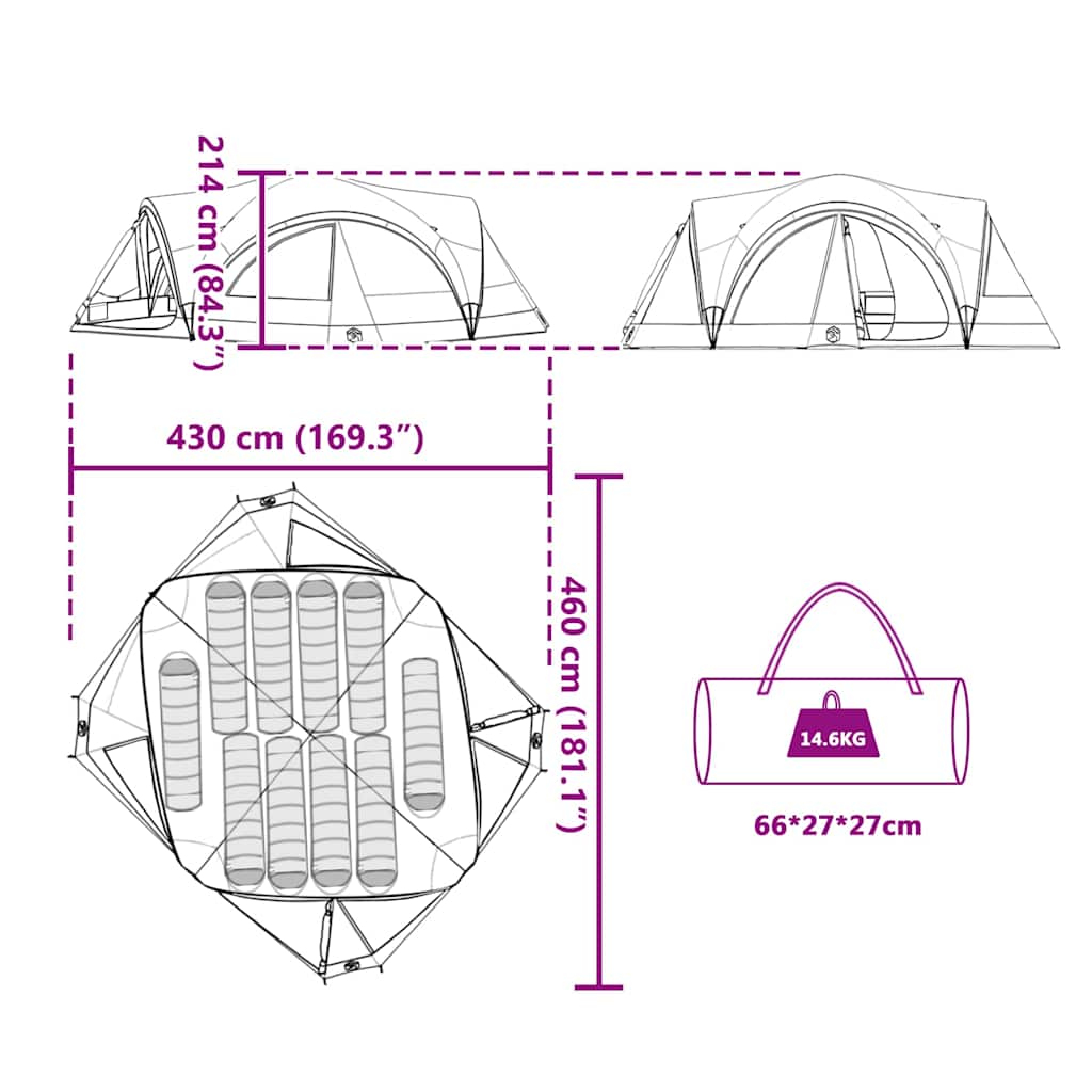 vidaXL Οικογενειακή Σκηνή Γκρι και Πορτοκαλί 460 x 430 x 214 εκ.