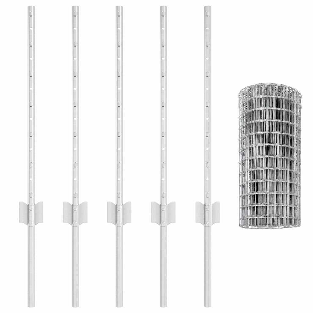 vidaXL Ευρωπαϊκή περίφραξη με 5 στήλες Ασημί 0,6x10 μ Ατσάλι