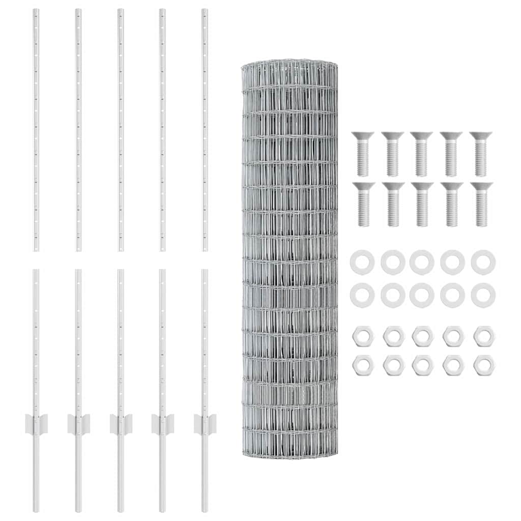 vidaXL Ευρωπαϊκός φράχτης με 10 μεταλλικές βάσεις Ασημί 1,2x10 μ Ατσάλι