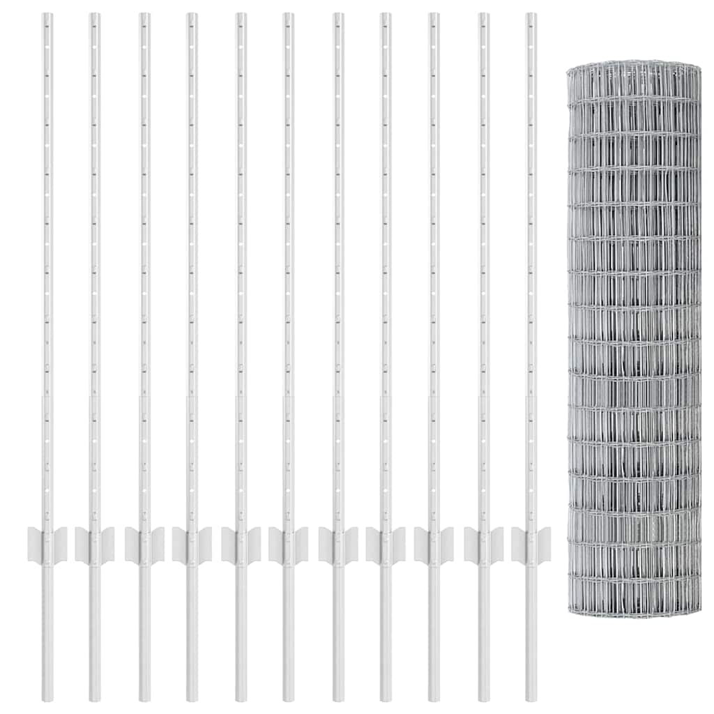 vidaXL Ευρωπαϊκός φράκτης με 22 μεταλλικές κολώνες Ασημί 1x25 μ Ατσάλι